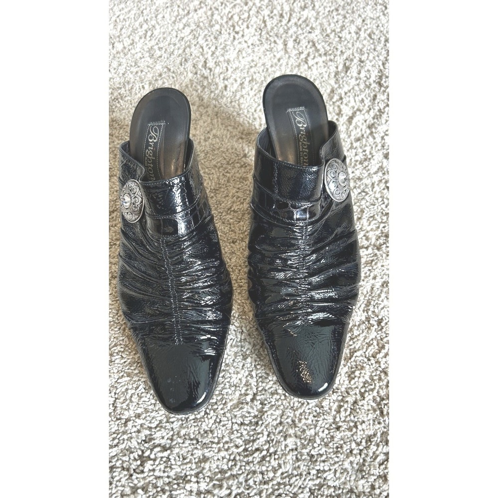 Brighton Black Patent Leather Ruched Mules Ornate Silver Medallion Heels Italy‎